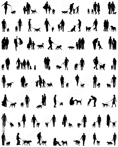 Black silhouettes of people with dog, vector