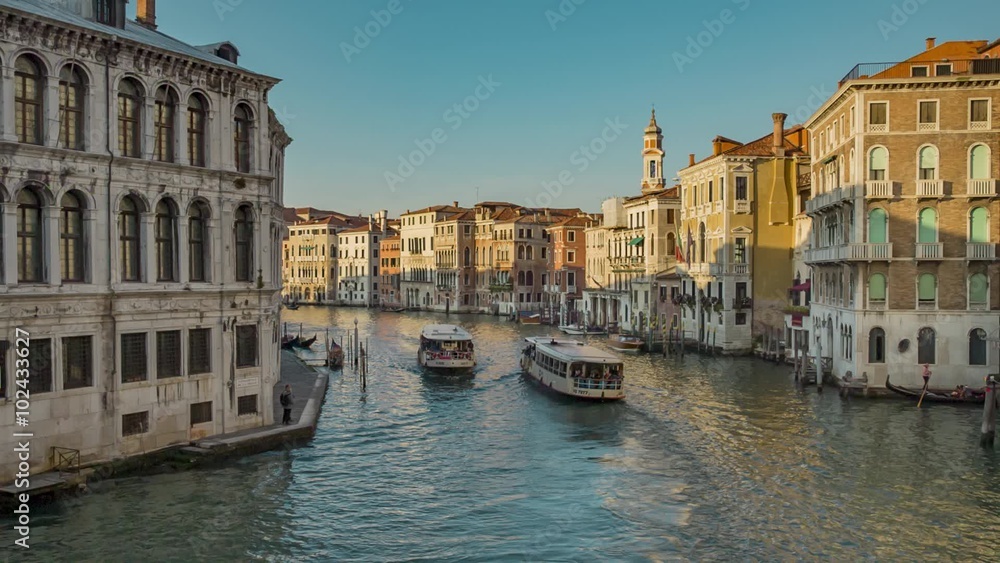 View from Venice canals with boats and gondolas View from Venice canals with boats and gondolas