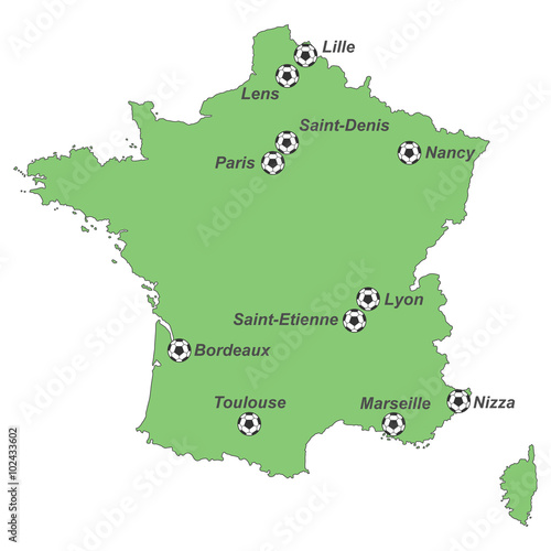 EM 2016 - Karte von Frankreich mit EM-Stadien (grün)