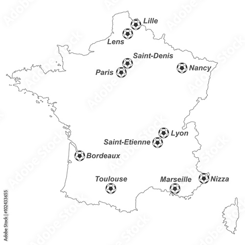 EM 2016 - Karte von Frankreich mit EM-Stadien (weiß)