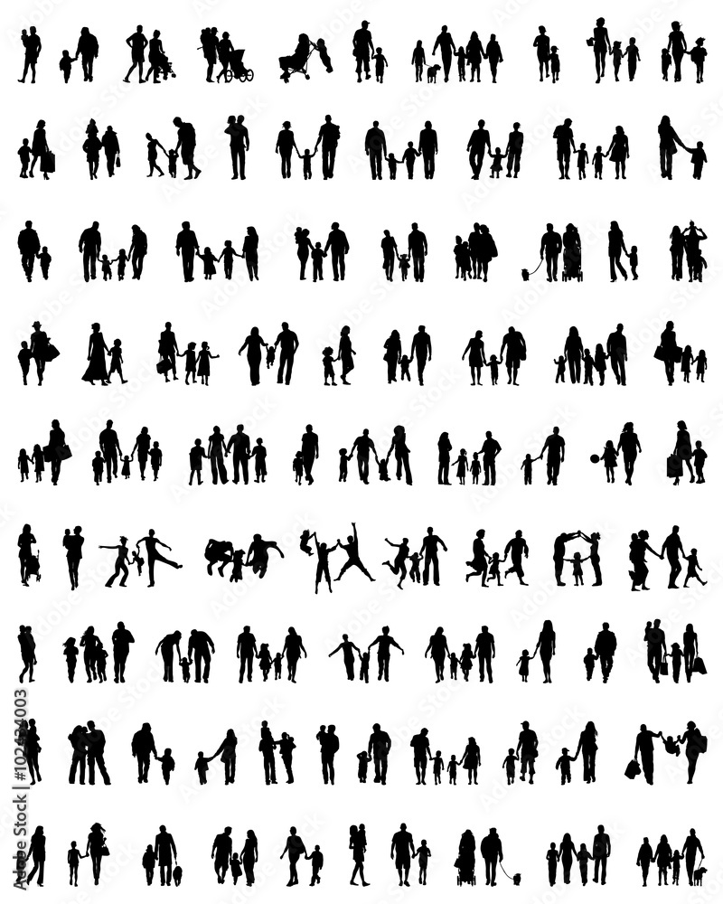 Black silhouettes of families at walking, vector Black silhouettes of families at walking, vector