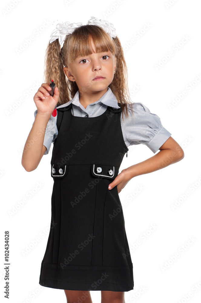 Emotional little girl in school uniform Emotional little girl in school uniform