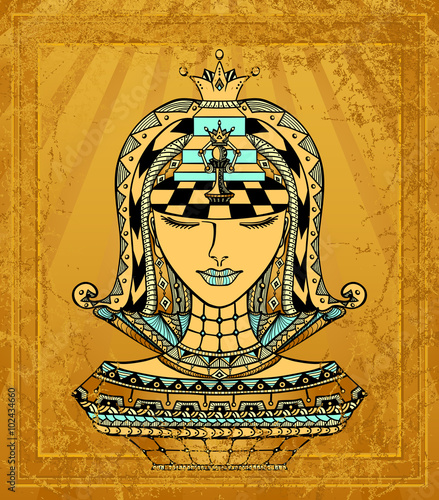 Chess Zen-tangle Girl  blue gold with grunge