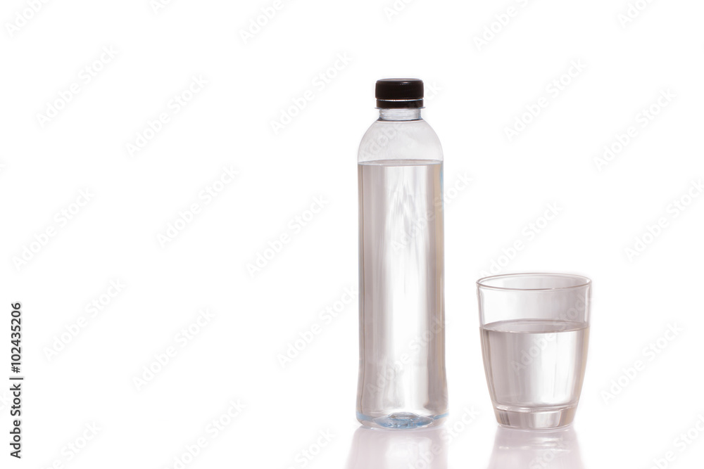 Drinking water in bottles and glasses on a white background.