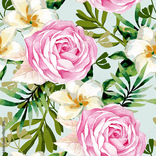 Watercolor seamless roses pattern.