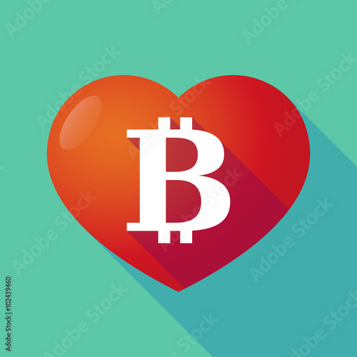Long shadow red heart with  a bit coin sign