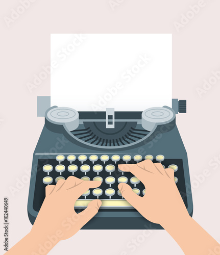 Retro manual typewriter with printing hands of writer and sheet of paper. Vector flat illustration. Vintage background. Concept of blogging, book creating, journalism, storytelling, copywriting