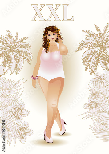 Plus size pretty travel girl, vector illustration
