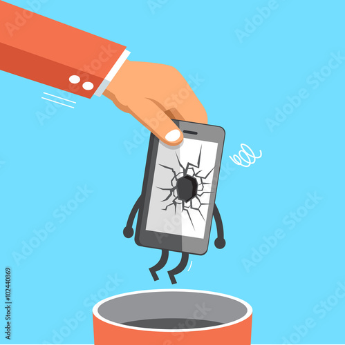 Business big hand throwing a broken smartphone to trash bin