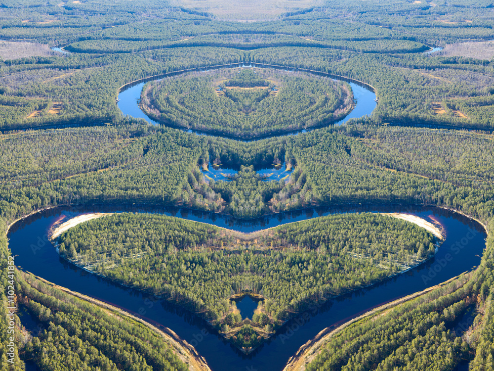 Forest river in autumn, top view Forest river in autumn, top view