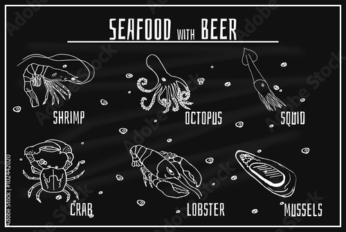 Collection of seafood snacks for beer. Vector illustration on blackboard with chalk