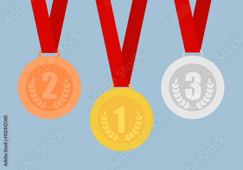 Set of gold, bronze and silver medals on red ribbons. Vector ill