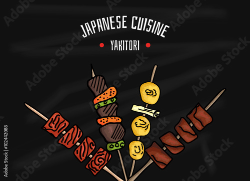 Japanese kitchen. Japanese food Yakitori for your design. Colorful vector illustration on black Board