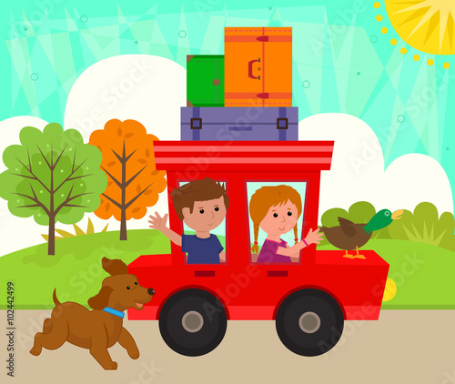 Kids Riding A Car - Boy and a girl at the park are riding a car with a duck and luggage on top and a cute dog is running next to them. Eps10