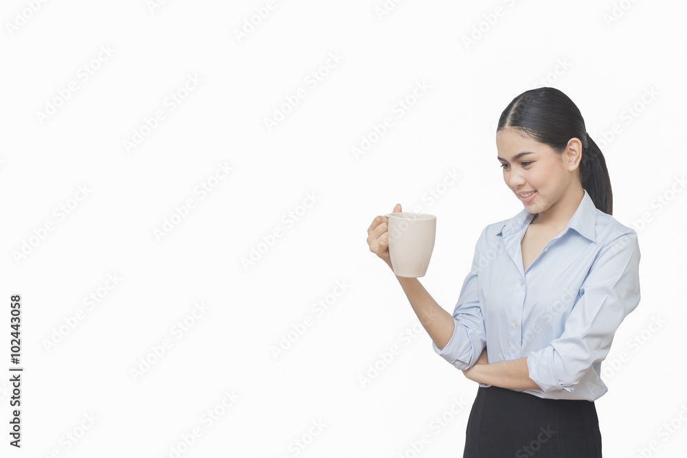 business woman drinking coffee isolated on white background, asi business woman drinking coffee isolated on white background, asi