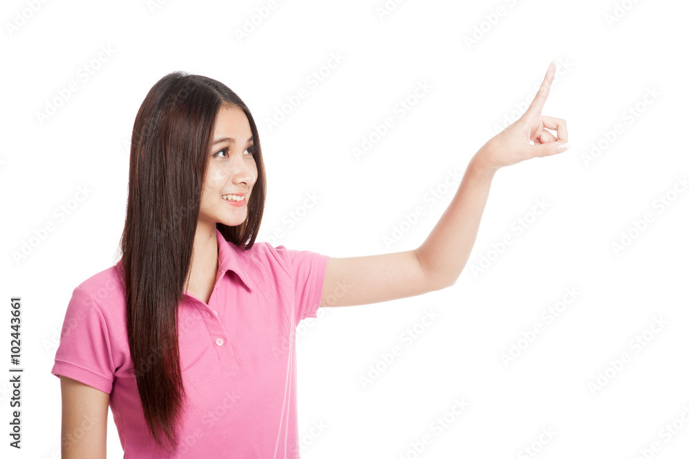 Beautiful Asian girl use her finger touch screen Beautiful Asian girl use her finger touch screen