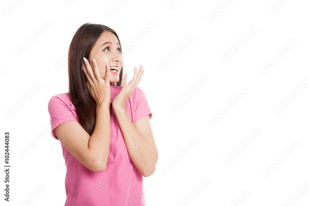 Excited beautiful Asian girl look to blank space Excited beautiful Asian girl look to blank space