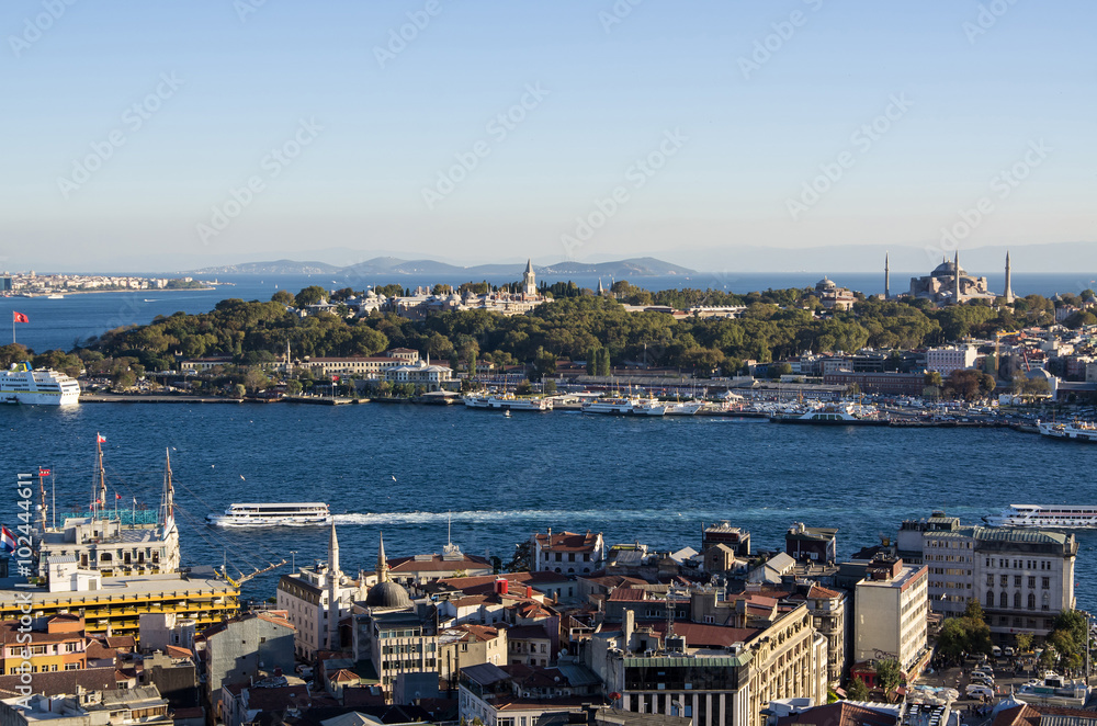 View of Topkapi palace and Golden Horn from Galata tower. Istanbul