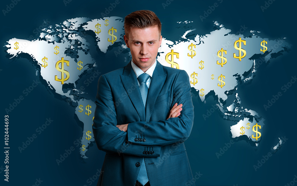 Business success strategy concept. Portrait of businessman on world map background Business success strategy concept. Portrait of businessman on world map background