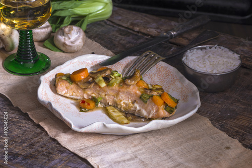 Chinese style salmon with pok choi, carrots and mushrooms