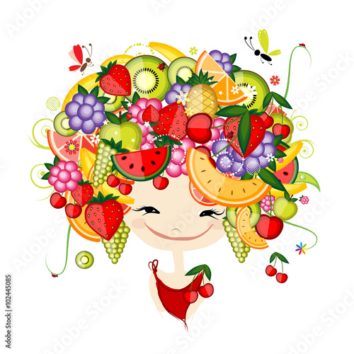 Girl with fruits on head fro your design