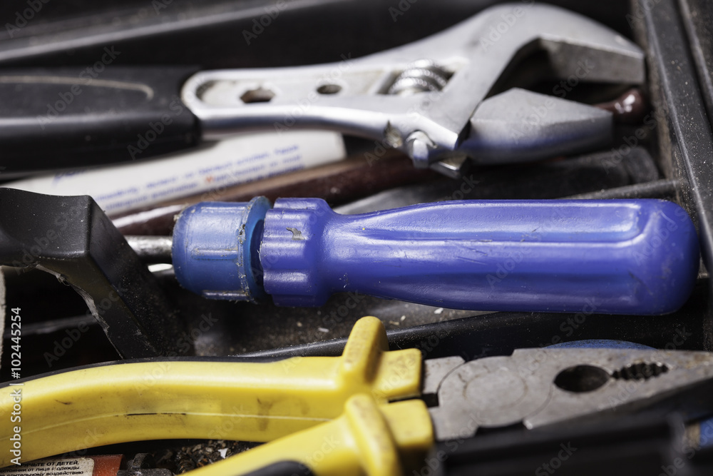 toolbox with repair hand tools closeup toolbox with repair hand tools closeup