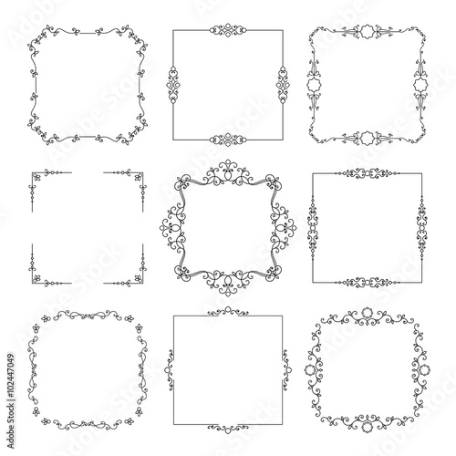 Vintage calligraphic square frame set isolated on white.