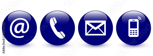 Contact Us – Set of navy blue glossy ball buttons, icons