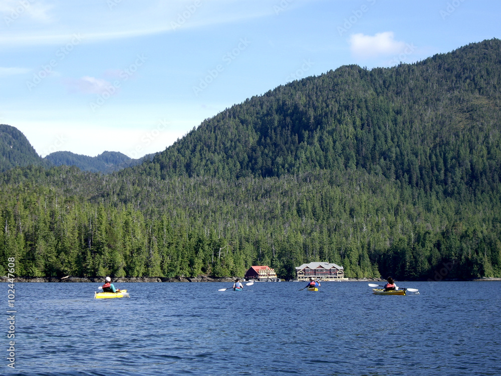 Kayakers embarking on journey on lake - landscape color photo