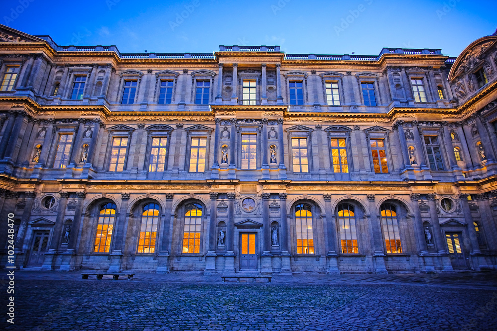 Obraz premium Paris, France, February 6, 2016: exterior of Louvre, the well-known residence of the French kings, nowadays - one of the largest museums of the fine arts in the world, Paris, France