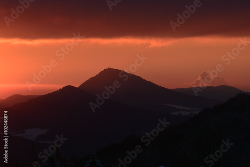 Hills with red sunset