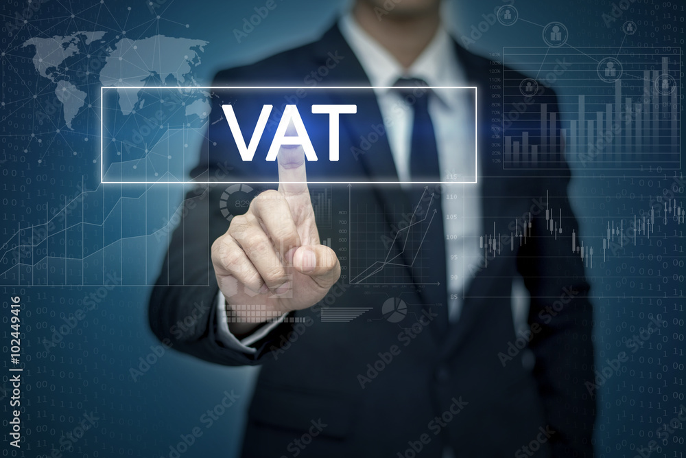 Businessman hand touching VAT button on virtual screen Businessman hand touching VAT button on virtual screen