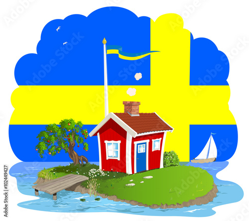 En röd Svensk sommarstuga med vita knutar
