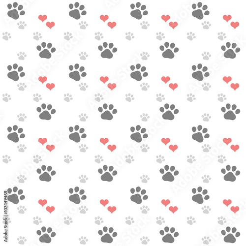 repeating pattern with grey paw print and coral hearts on white background