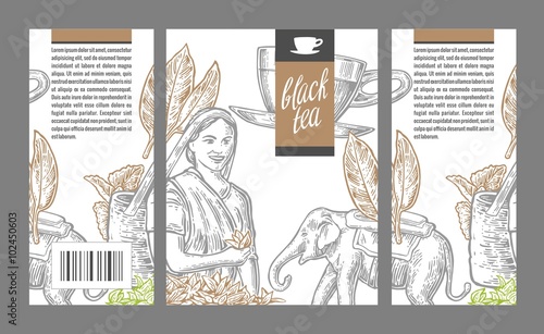 Tea picker woman, tea leaves, cup, elephant. Vector engraved vintage isolated illustration for label black tea, packaging, box.