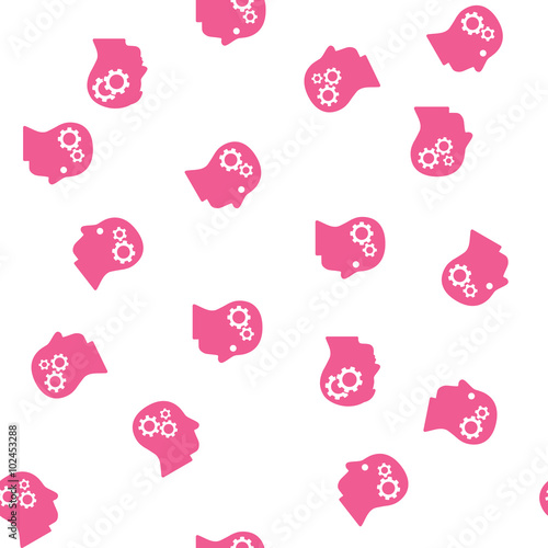 Intellect Seamless vector repeatable pattern. Style is flat pink heads with internal gears on a white background.