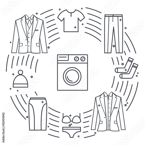 Dry-cleaning and laundry vector objects. Unique vector concept with different clothes elements: washer, jacket, skirt, hat, socks, t-shirt.