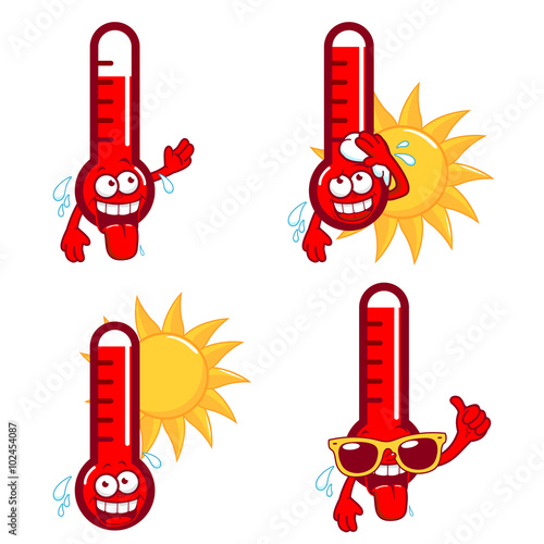 Cartoon thermometers indicating very hot temperature. Vector Illustration
