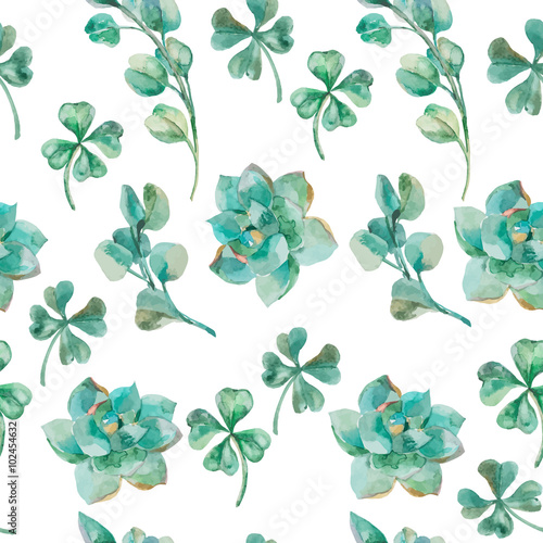 Watercolor eucalyptus leaves and branches, succulent, clover.  Shamrock.