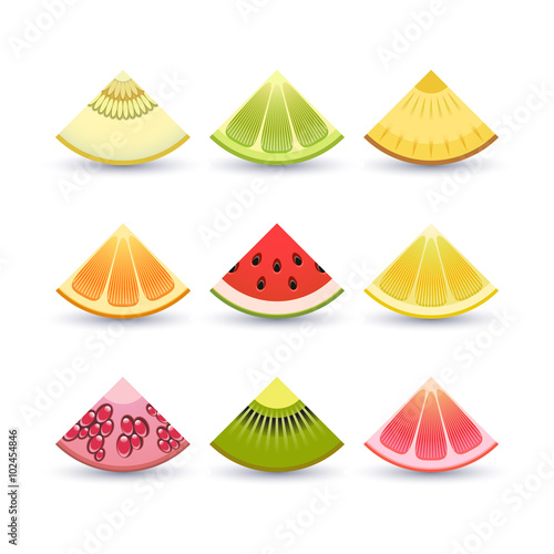 Fruit icon set. Slices of  lemon  kiwi  orange  pomegranate  pineapple  grapefruit  lime  watermelon  melon  pomegranate