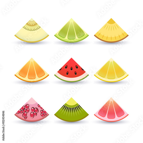 Fruit icon set. Slices of: lemon, kiwi, orange, pomegranate, pineapple, grapefruit, lime, watermelon, melon, pomegranate