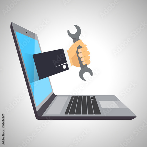 Concept of computer repairing service, isolated on white background. Laptop, hand with wrench. EPS10. Vector illustration.