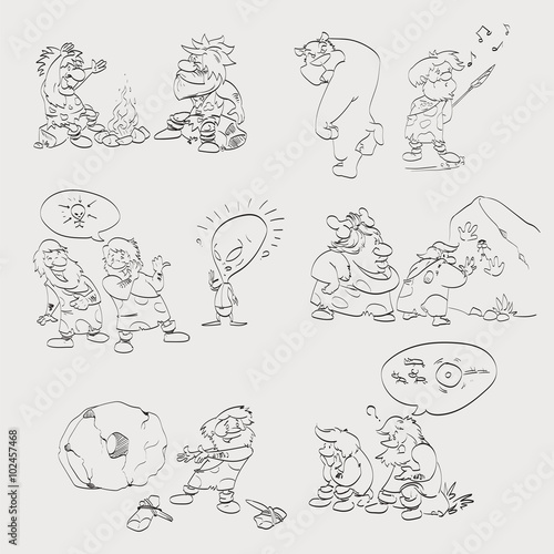 Vector line hand drawing cave men illustrations set