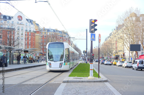 Photography Paris, France, February 6, 2016: tram on the street of Paris, France