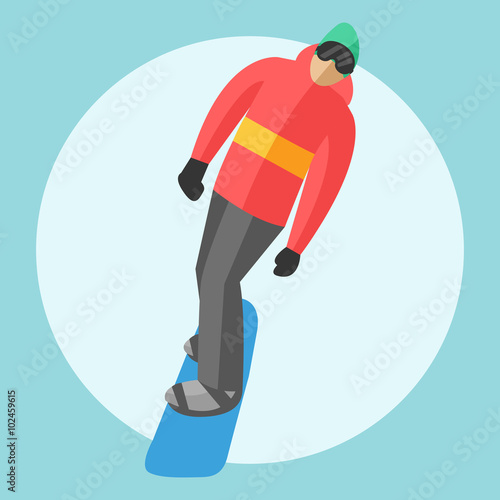 Snowboarder sitting in ski gondola and lift elevators. Winter sport resort background