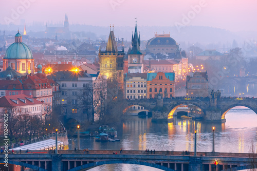 Photography Top view over Old Town and bridges over Vltava River in Prague, Czech Republic