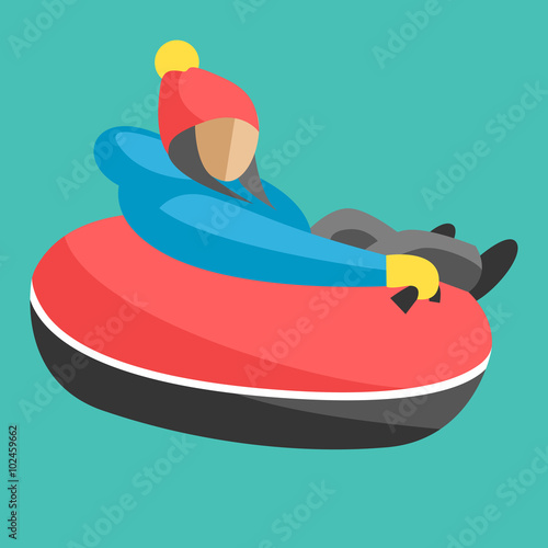 Snowboarder sitting in ski gondola and lift elevators. Winter sport resort background