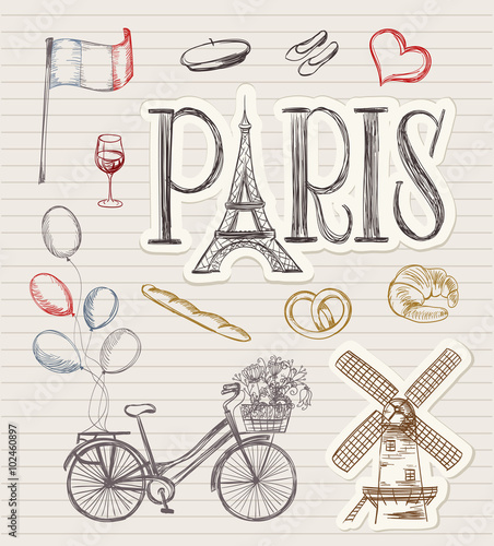 Photography hand drawn paris symbols. tour eiffel, french bakery, mill, bicy