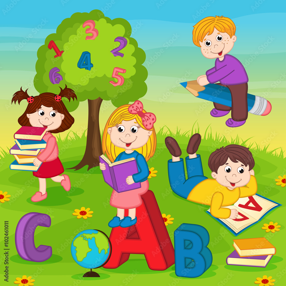 Children on the grass reading a book - vector illustration, eps