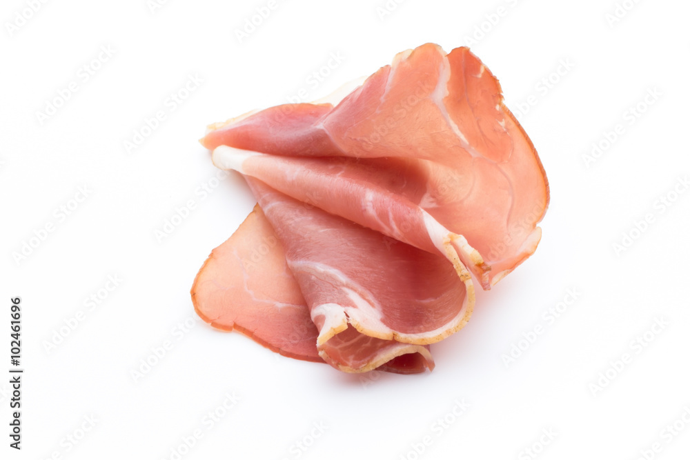 Slices of ham on white background. Slices of ham on white background.